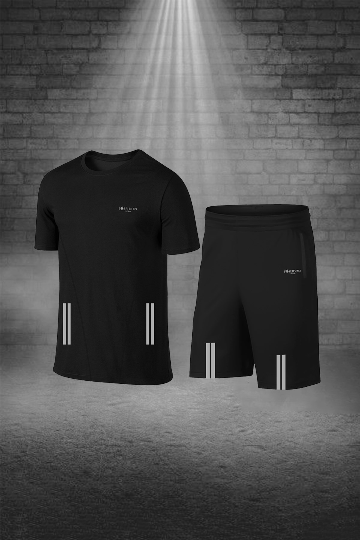 Erkek Siyah Dri-Fit Kumaş Cepli Baskısız Yürüyüş ve Koşu için Rahat Sporcu Tişört Şort Alt Üst İkili Takım S-3XL