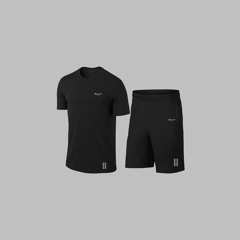 Erkek Siyah Dri-Fit Kumaş Yürüyüş için Konforlu Cepli Sıfır Yaka Tişört Şort İkili Alt Üst Spor Seti S-3XL