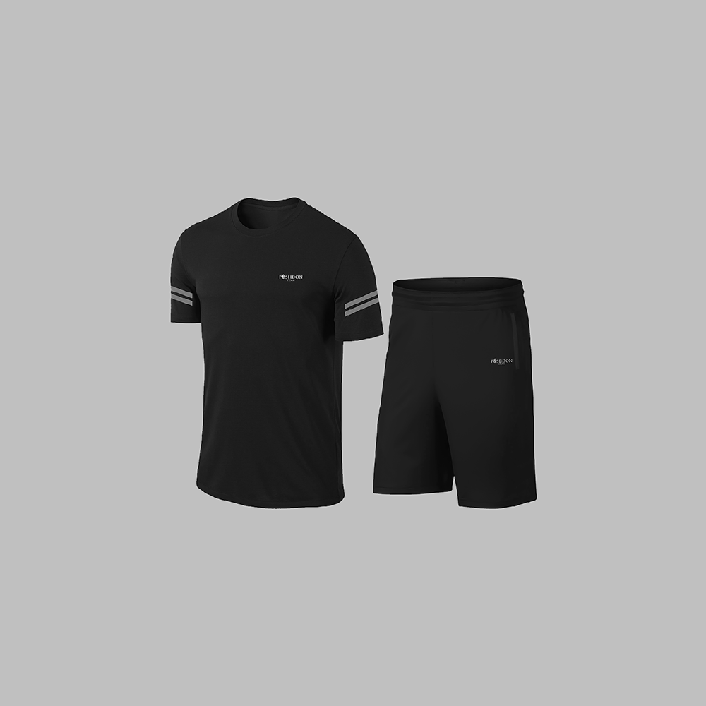 Erkek Siyah Dri-Fit Kumaş Yürüyüş için Konforlu Cepli Sıfır Yaka Tişört Şort İkili Alt Üst Spor Seti S-3XL