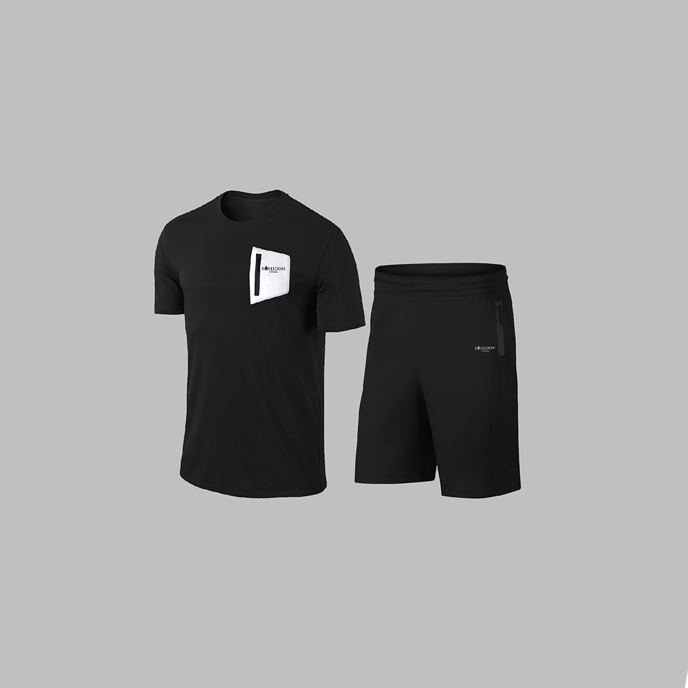 Erkek Siyah Dri-Fit Kumaş Yuvarlak Yaka Cepli Şık Konforlu Tişört Şort Seti S-3XL