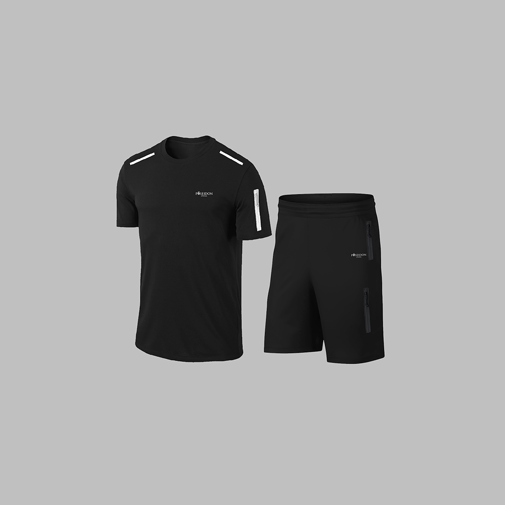 Erkek Siyah Dri-Fit Kumaş Yuvarlak Yaka Cepli Şık Konforlu Tişört Şort Seti S-3XL