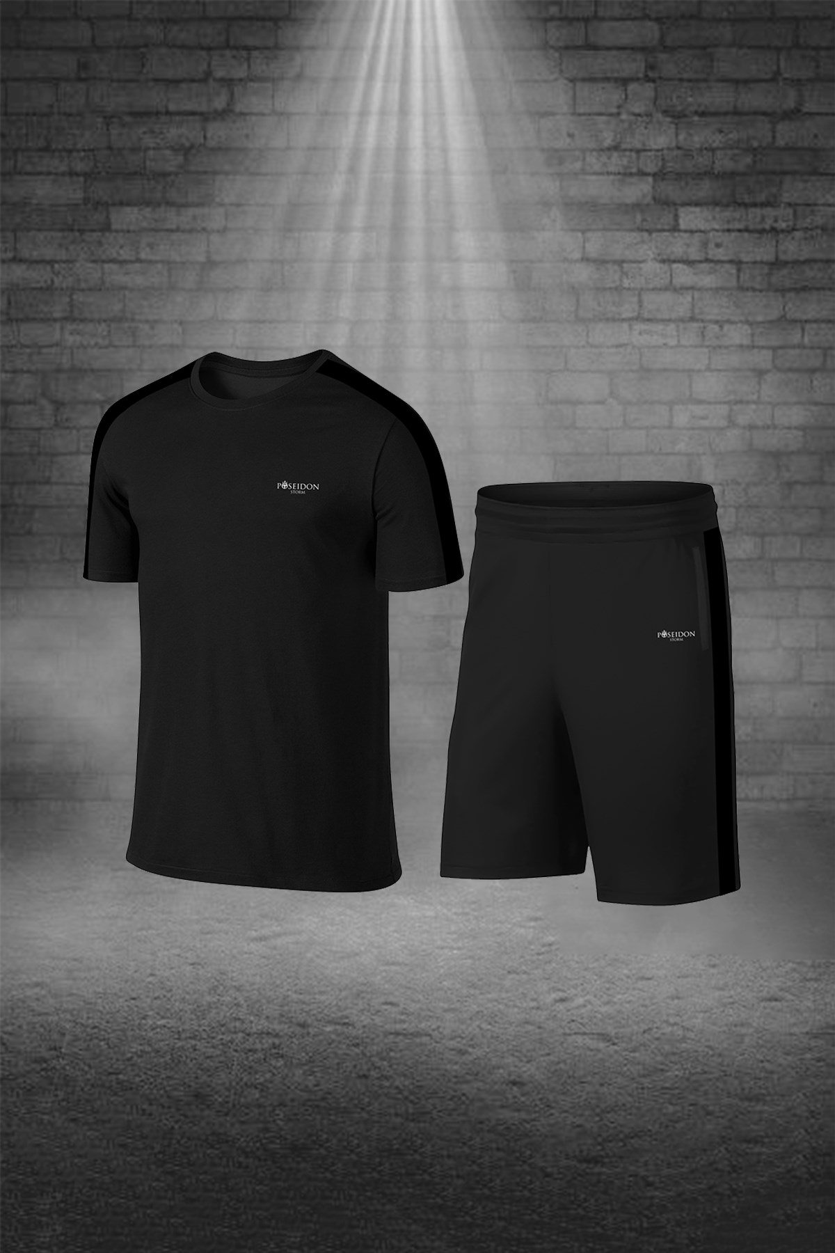 Erkek Siyah Dri-Fit Kumaş Yuvarlak Yaka Cepli Şık Konforlu Tişört Şort Seti S-3XL