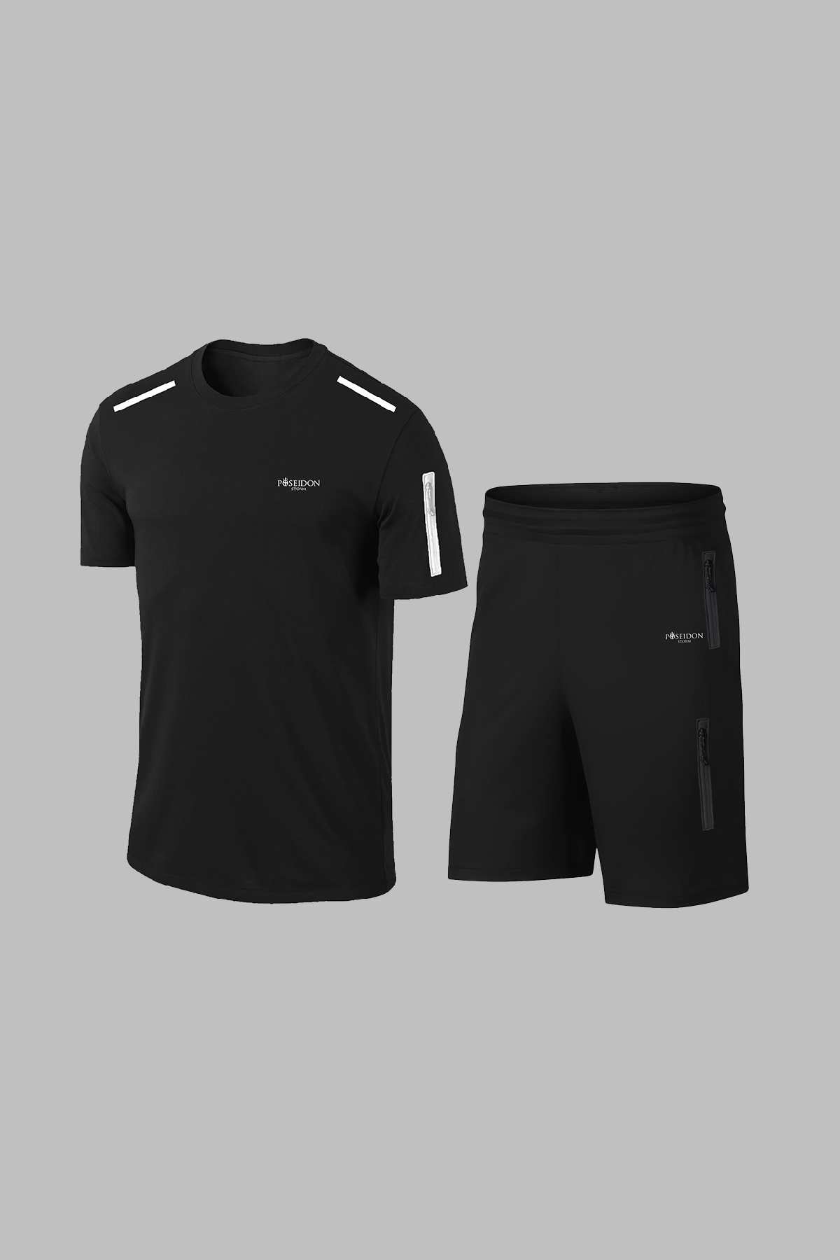 Erkek Siyah Dri-Fit Kumaş Yuvarlak Yaka Cepli Günlük Yürüyüş Konforlu Tişört Şort Seti (S-3XL)