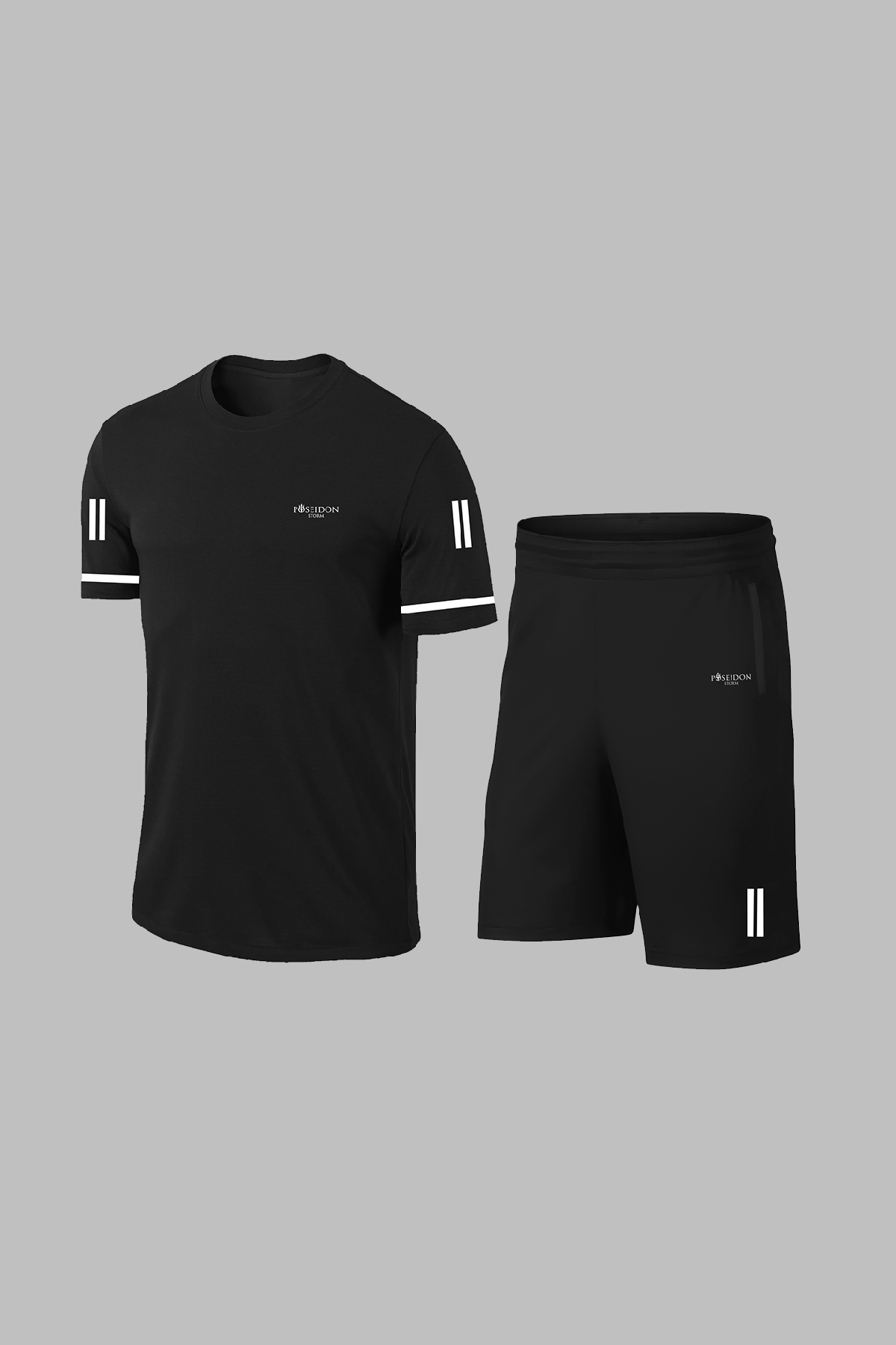 Erkek Siyah Dri-Fit Kumaş Yuvarlak Yaka Cepli Şık Konforlu Tişört Şort Seti (S-3XL)