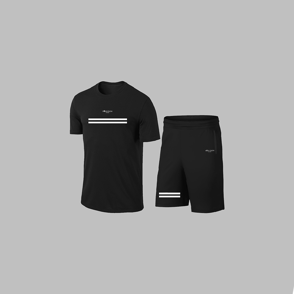Erkek Siyah Dri-Fit Kumaş Yuvarlak Yaka Cepli Şık Konforlu Tişört Şort Seti S-3XL