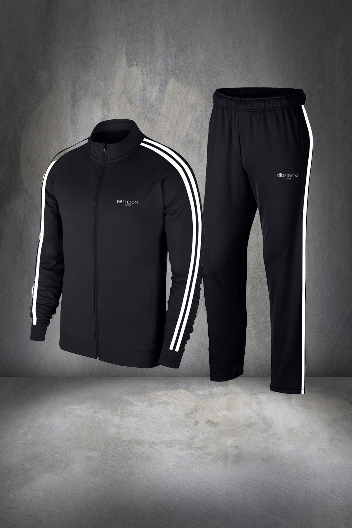 Erkek Siyah Günlük Sporcu Eşofman Takımı S-3XL beyaz çift şerit - M2
