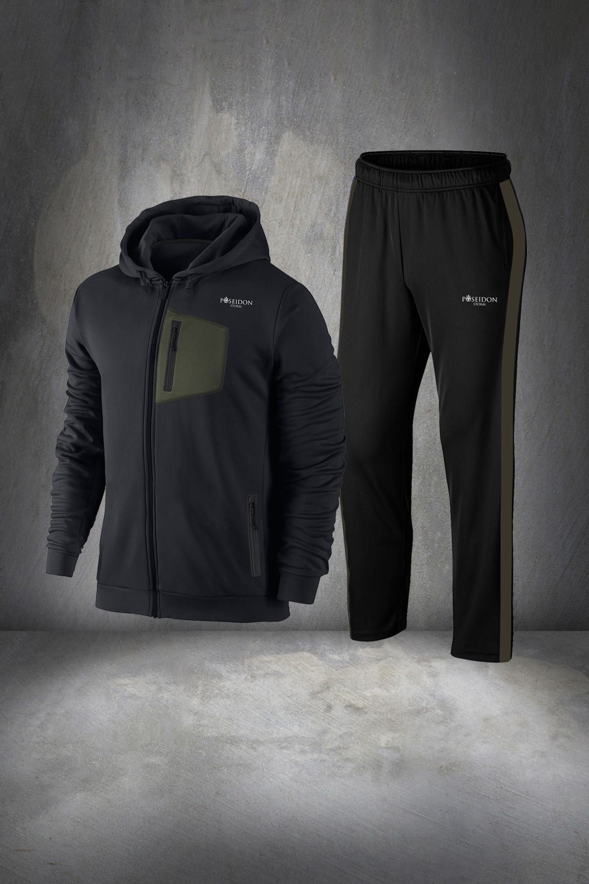 Erkek Siyah Günlük Sporcu Eşofman Takımı S-3XL - önü haki cepli - M13