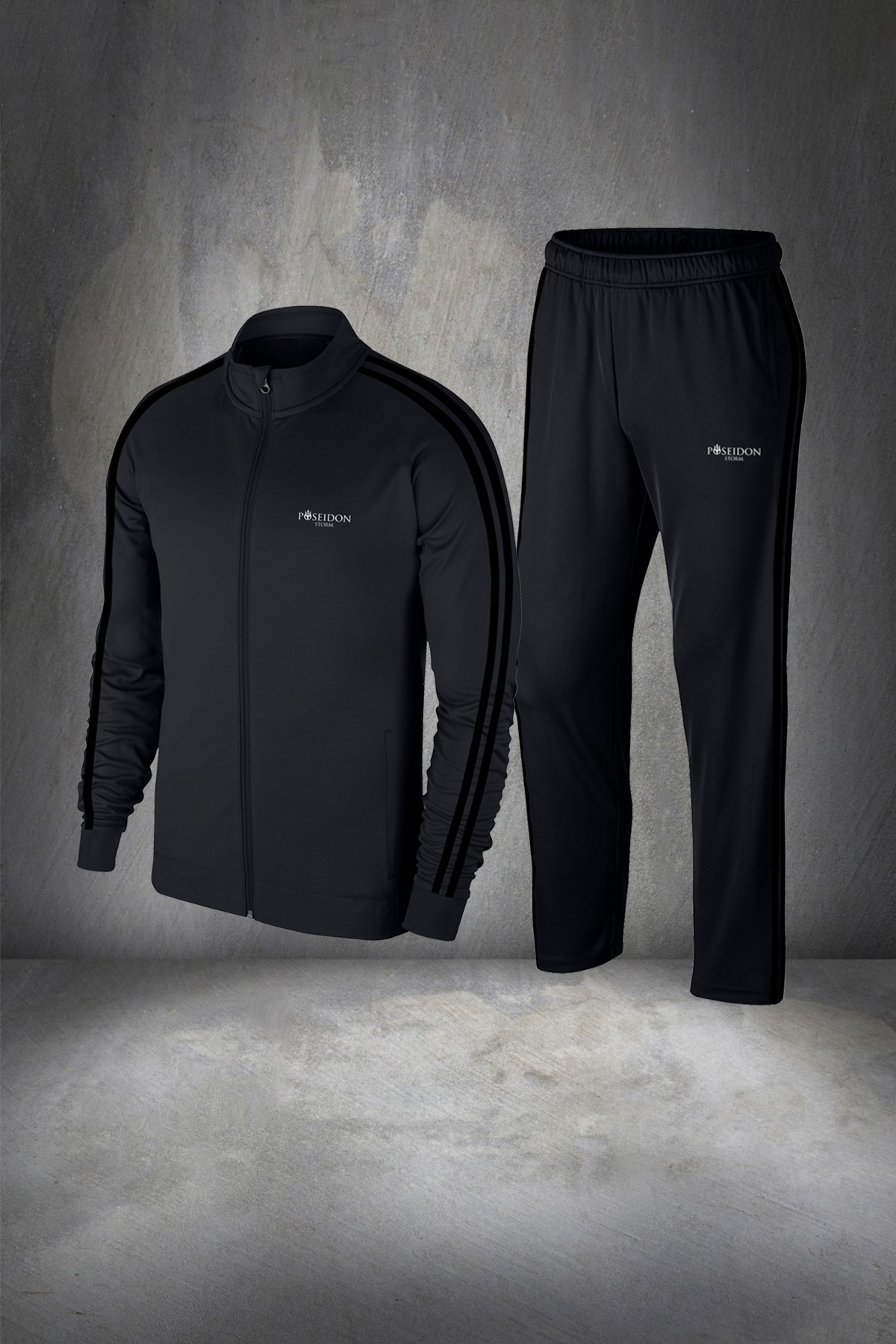 Erkek Siyah Günlük Sporcu Eşofman Takımı S-3XL siyah çift şerit - M2