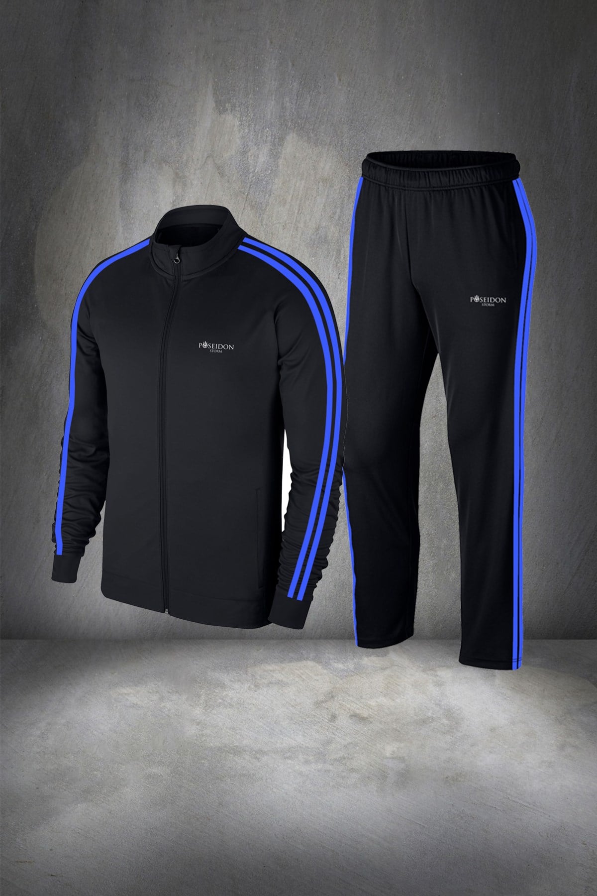 Erkek Siyah Günlük Sporcu Eşofman Takımı S-3XL mavi çift şerit - M2