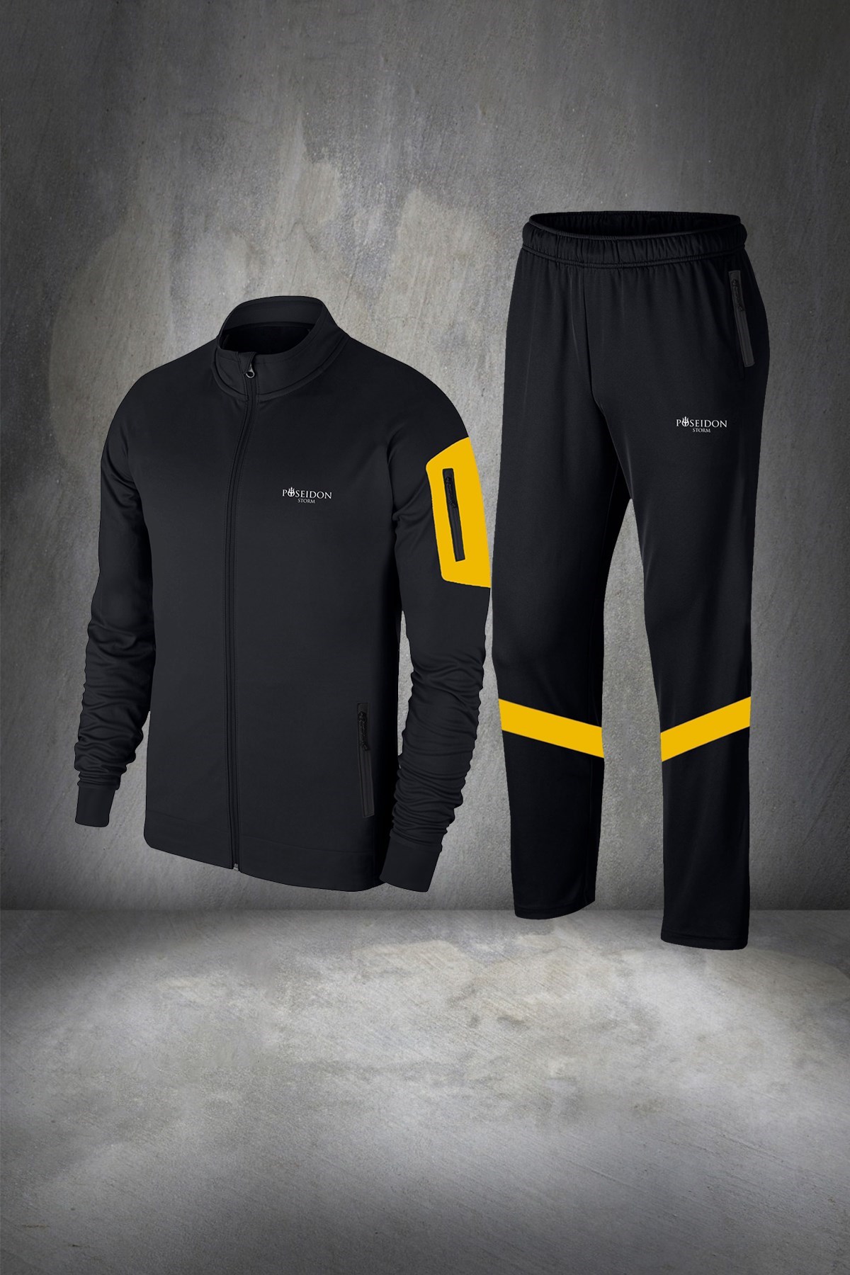 Erkek Siyah İnterlok Kumaş Cep Detaylı  Fit Koşu Seti S-3XL
