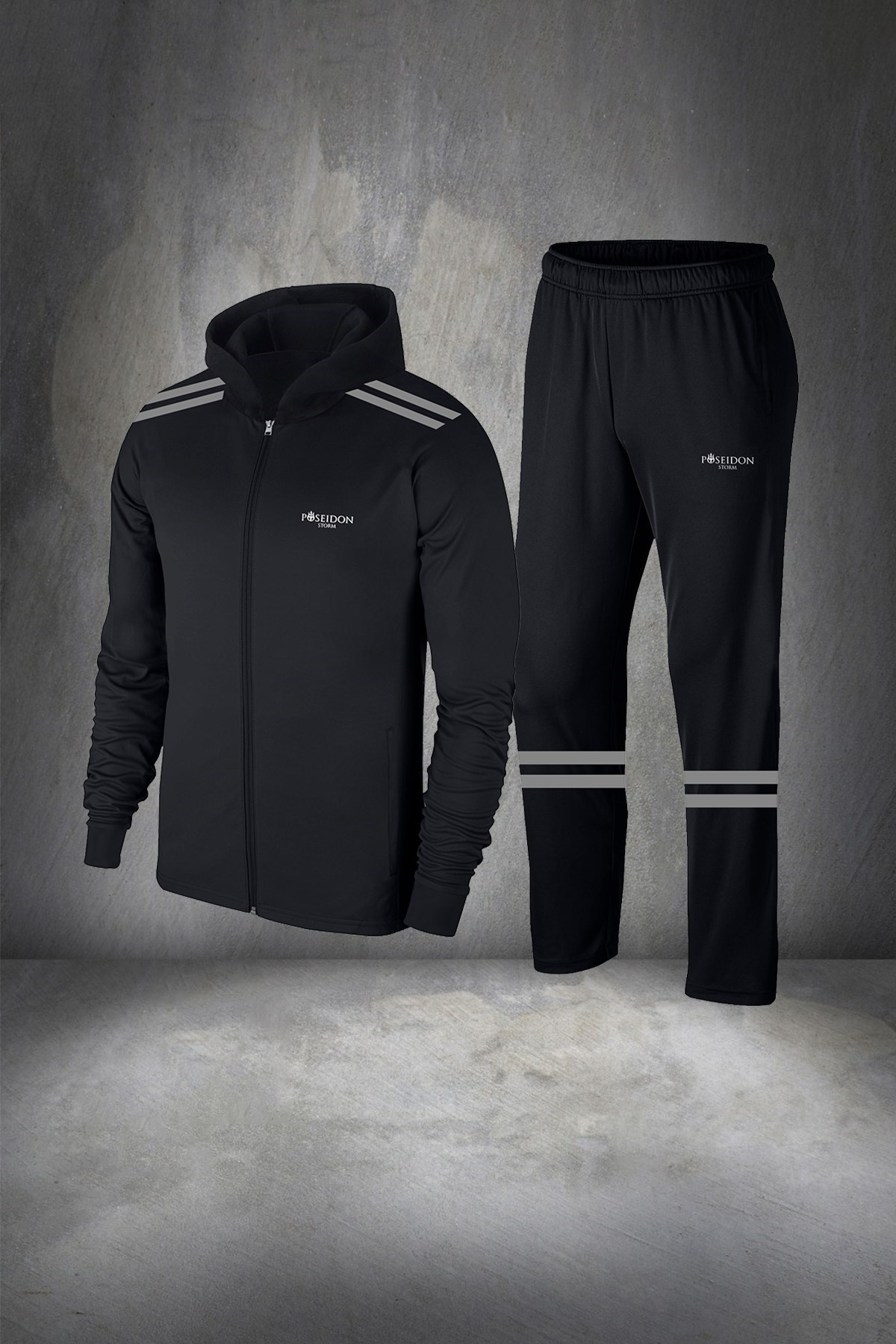 Erkek Siyah  İnterlok Kumaş Fermuarlı Cepli Rahat Spor Eşofman Takımı S-3XL