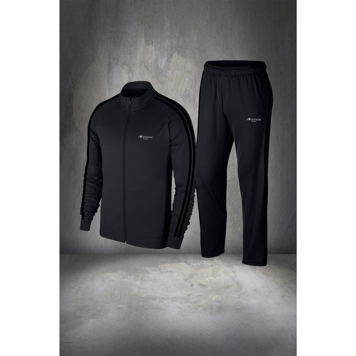 Erkek Siyah İnterlok Kumaş Fit Regular Kalıp Yürüyüş Koşu Eşofman Seti S-3XL