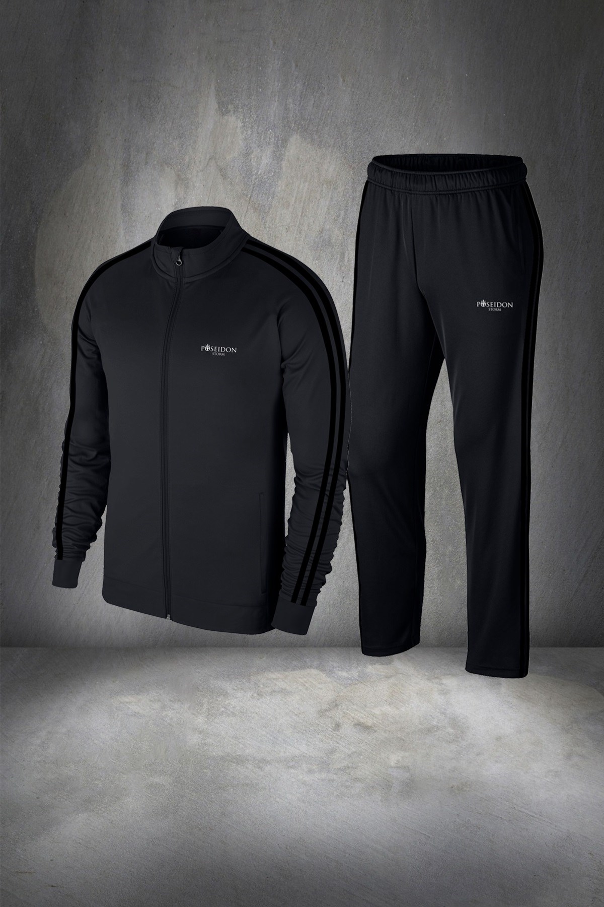 Erkek Siyah İnterlok Kumaş Fit Regular Kalıp Yürüyüş Koşu Eşofman Seti S-3XL