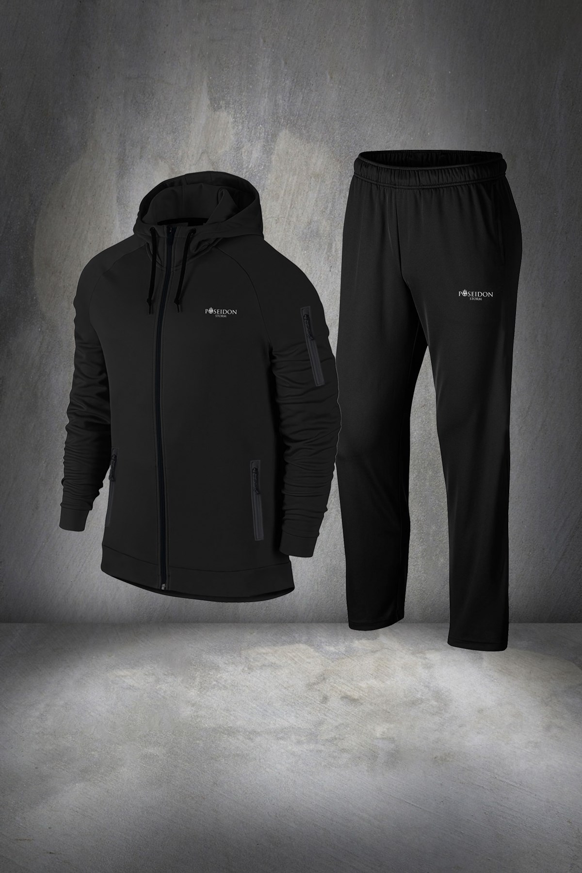 Erkek Siyah İnterlok Kumaş Rahat Fermuarlı  Eşofman Takımı S-3XL