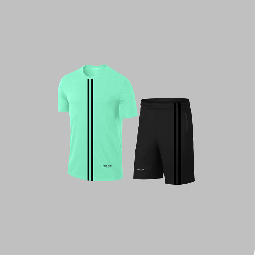 Erkek Su Yeşili Dri-Fit Kumaş Baskısız Yuvarlak Yaka Kısa Kol Tişört Şort Alt Üst Spor Takım S-3XL
