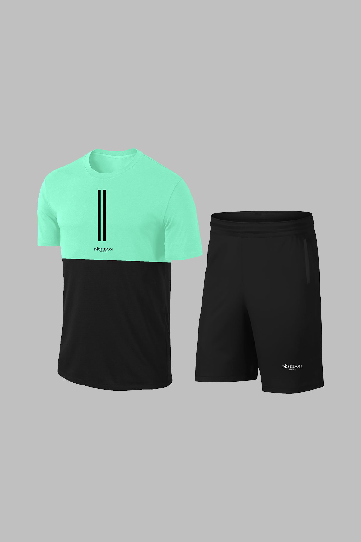 Erkek Su Yeşili Dri-Fit Kumaş Baskısız Yuvarlak Yaka Kısa Kol Tişört Şort Alt Üst Takım (S-3XL)