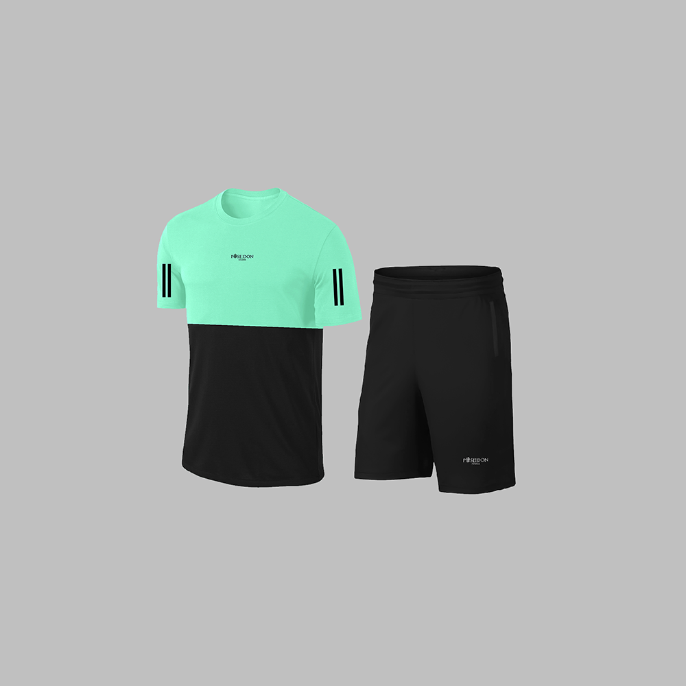Erkek Su Yeşili Dri-Fit Kumaş Baskısız Yuvarlak Yaka Kısa Kol Tişört Şort Alt Üst Spor Takım S-3XL