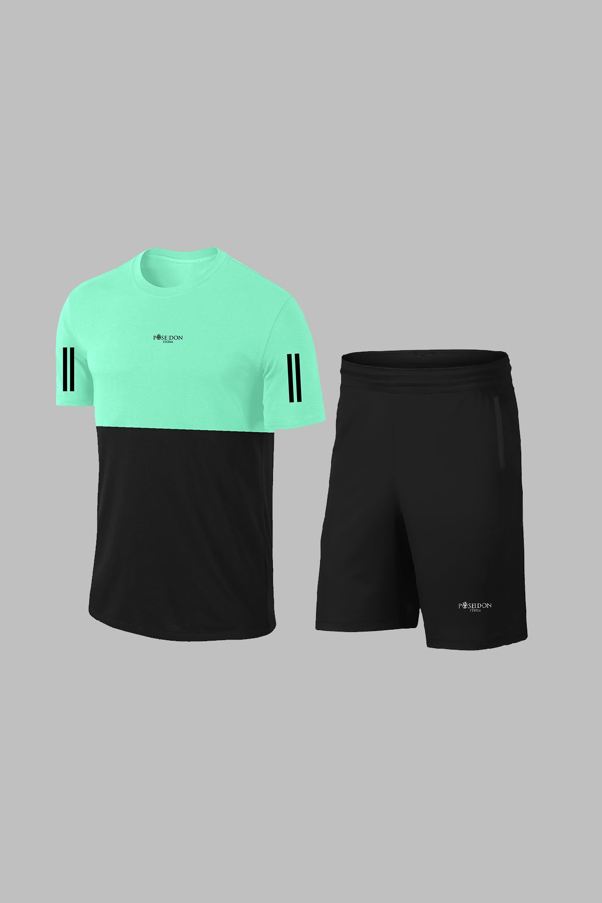 Erkek Su Yeşili  Dri-Fit Kumaş Cepli Bisiklet Yaka Sporcu Günlük Tişört Şort İkili Takım (S-3XL)