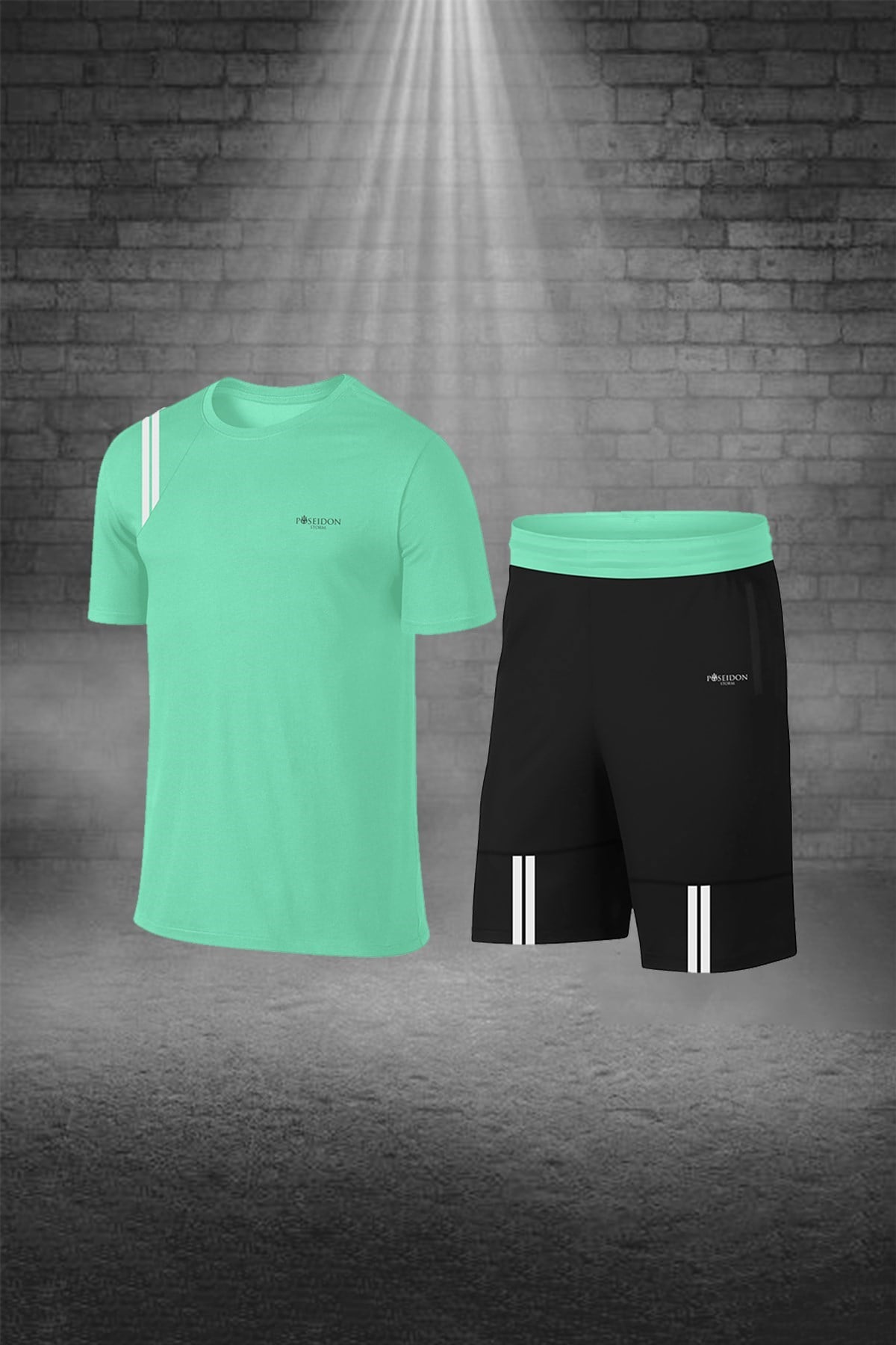 Erkek Su Yeşili  Dri-Fit Kumaş Cepli Bisiklet Yaka Sporcu Günlük Tişört Şort İkili Takım S-3XL