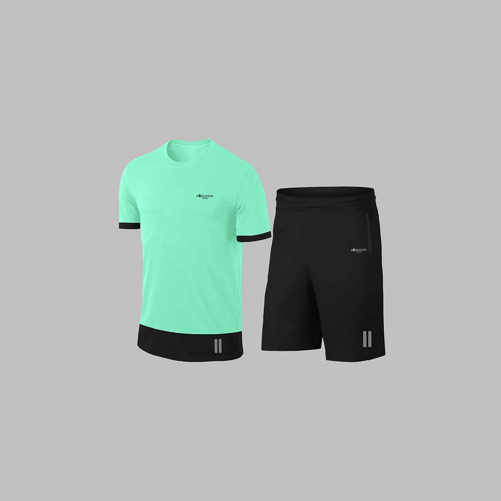 Erkek Su Yeşili Dri-Fit Kumaş Cepli Düz Kısa Kol Konforlu Rahat Tişört Şort Alt Üst Spor Seti S-3XL