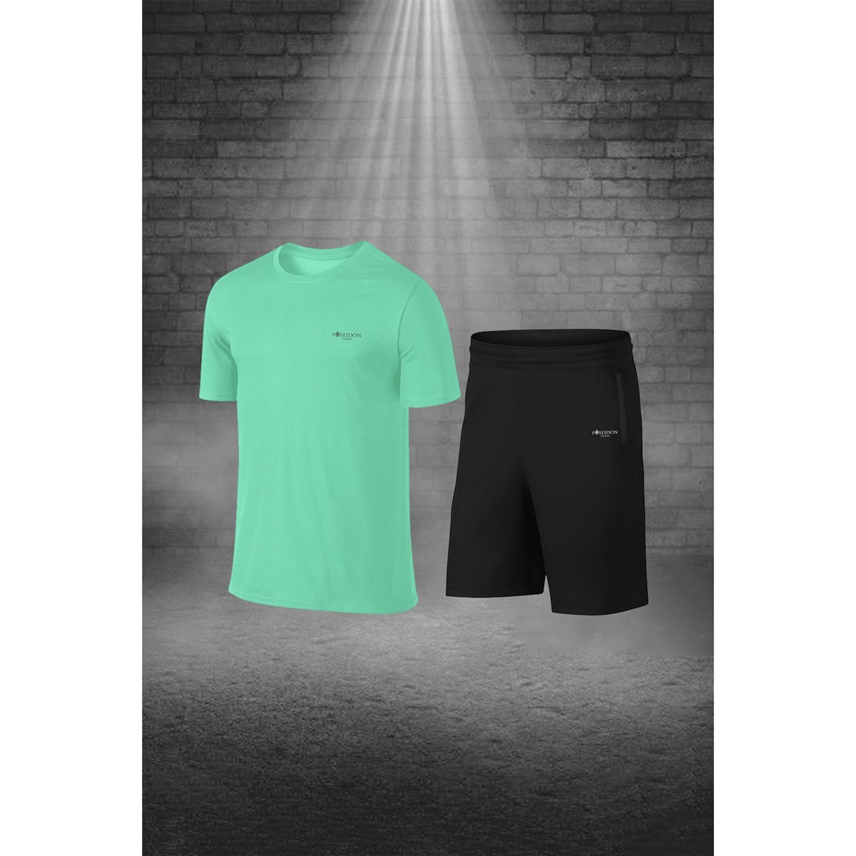 Erkek Su Yeşili Dri-Fit Kumaş Cepli Düz Kısa Kol Konforlu Tişört Şort Alt Üst İkili Takım Seti S-3XL