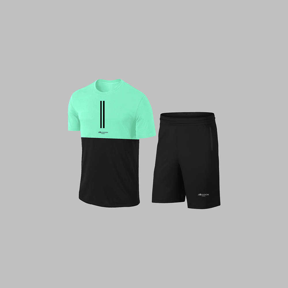 Erkek Su Yeşili Dri-Fit Kumaş Cepli Düz Kısa Kol Konforlu Tişört Şort Alt Üst İkili Takım Seti S-3XL