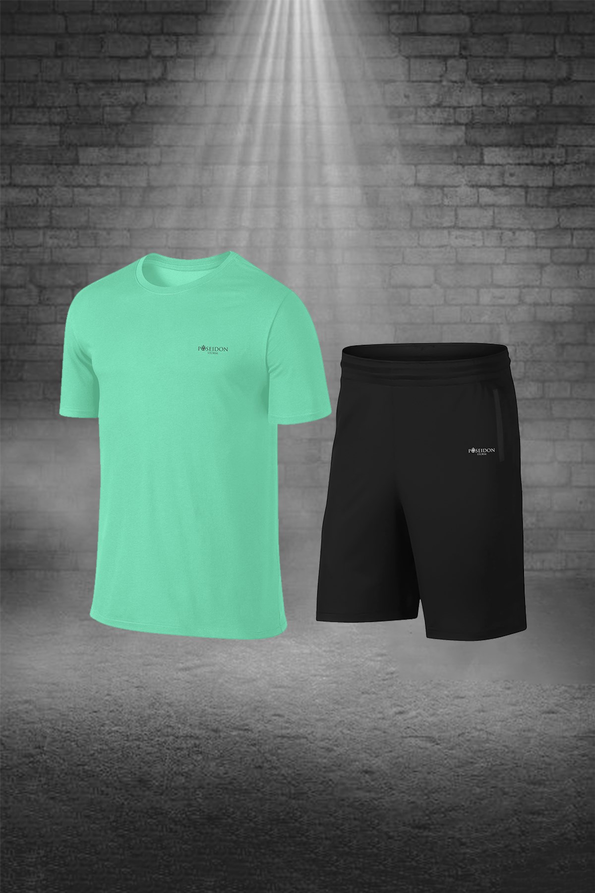 Erkek Su Yeşili Dri-Fit Kumaş Cepli Düz Kısa Kol Konforlu Tişört Şort Alt Üst İkili Takım Seti S-3XL