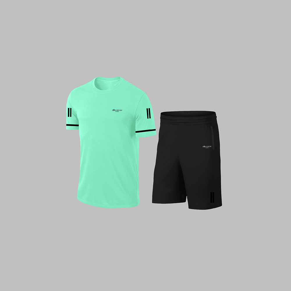 Erkek Su Yeşili Dri-Fit Kumaş Cepli Düz Kısa Kol Konforlu Rahat Tişört Şort Alt Üst Spor Seti S-3XL