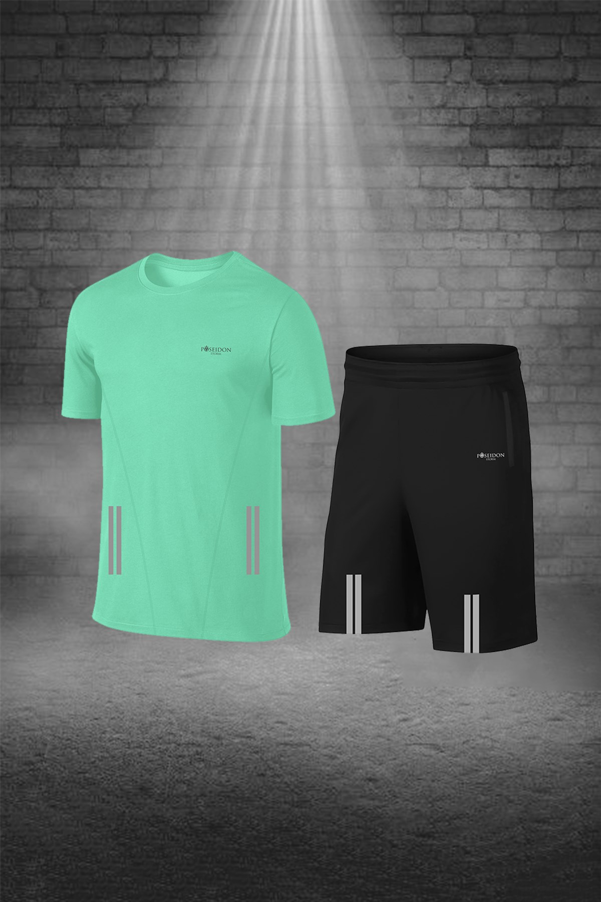 Erkek Su Yeşili Dri-Fit Kumaş Cepli Düz Kısa Kol Konforlu Rahat Tişört Şort Alt Üst Spor Seti S-3XL