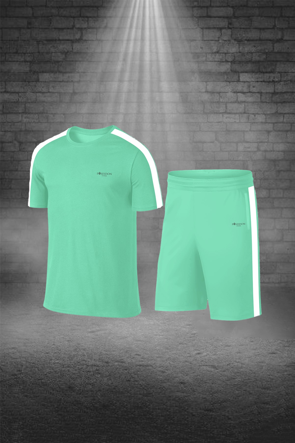 Erkek Su Yeşili Dri-Fit Kumaş Düz Kısa Kol Konforlu Tişört Şort Alt Üst İkili Takım Seti S-3XL