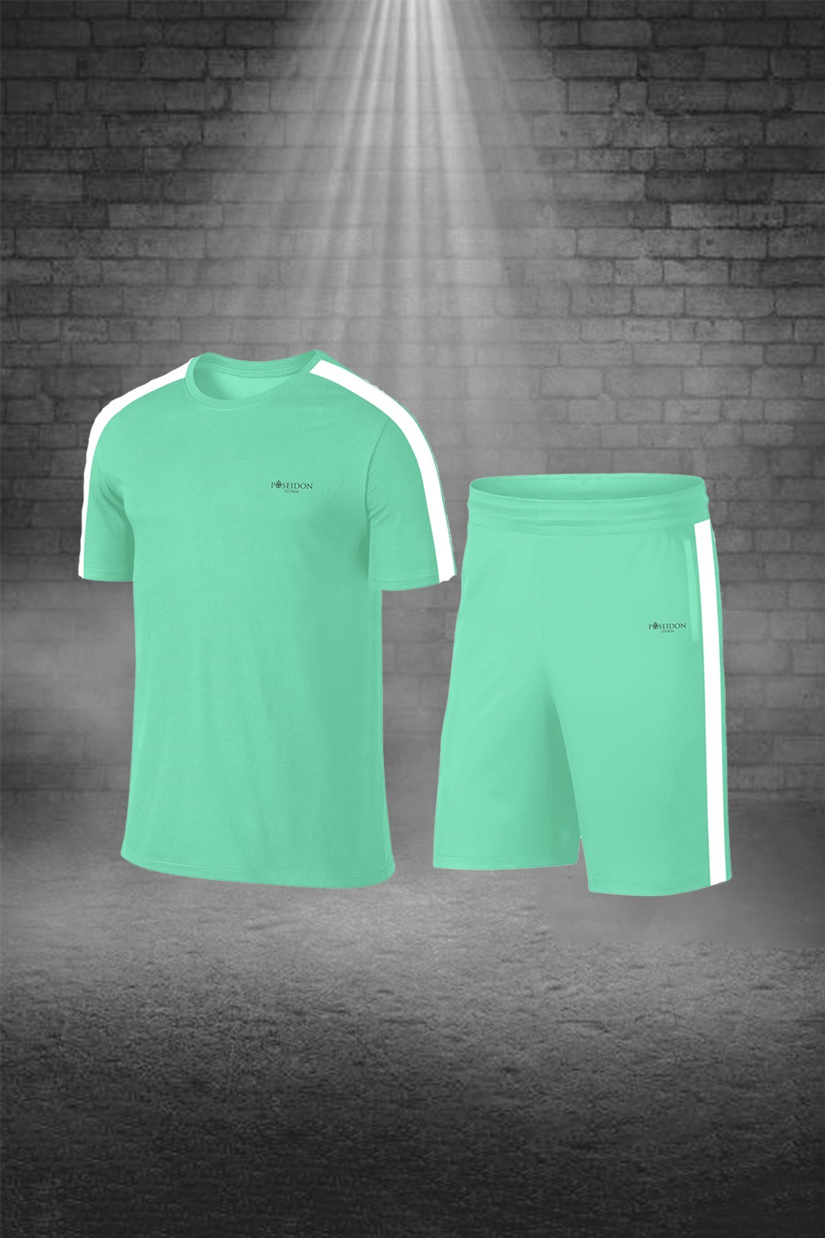 Erkek Su Yeşili Dri-Fit Kumaş Düz Kısa Kol Konforlu Tişört Şort Alt Üst İkili Takım Seti S-3XL