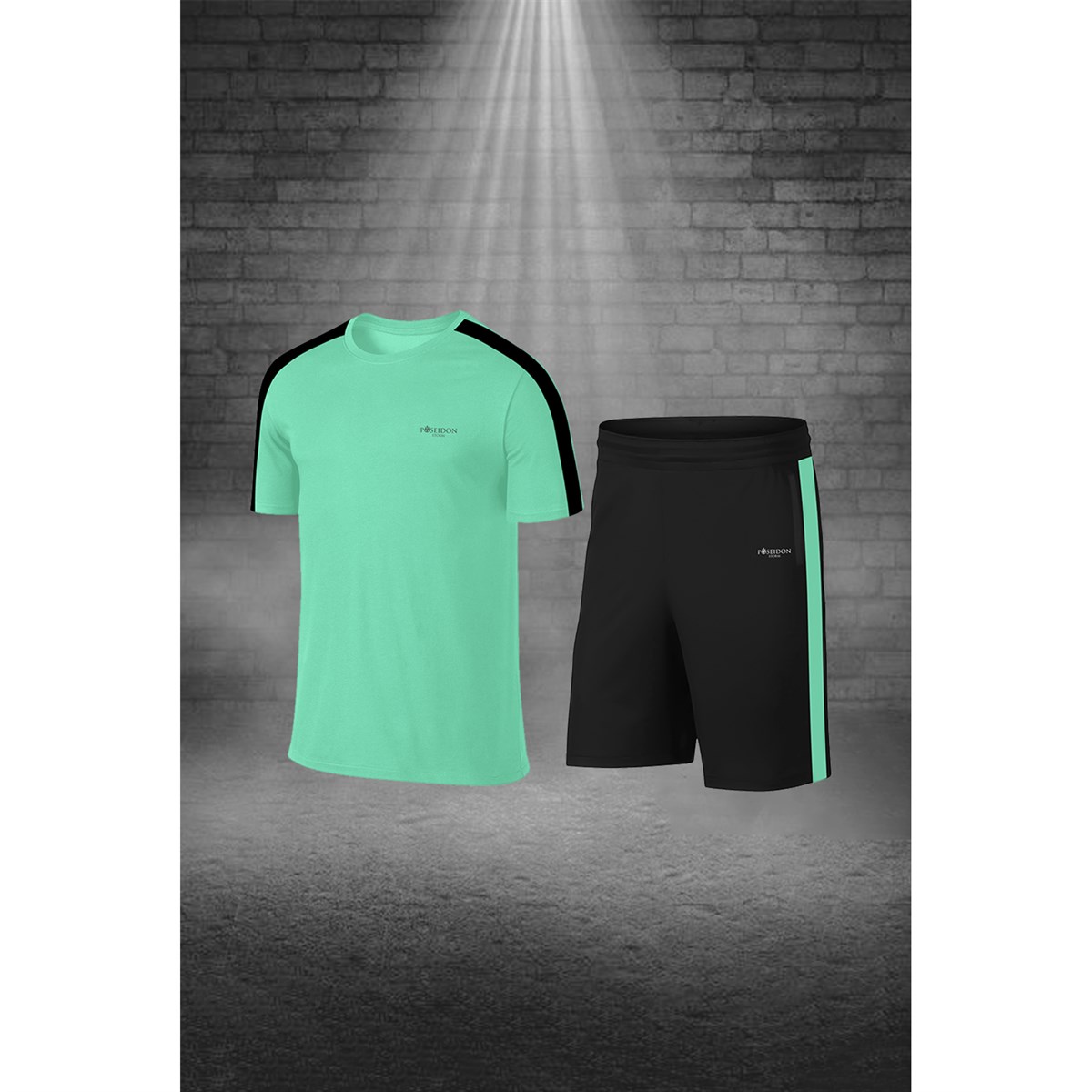 Erkek Su Yeşili Dri-Fit Kumaş Düz Kısa Kol Konforlu Tişört Şort Alt Üst İkili Takım Seti S-3XL