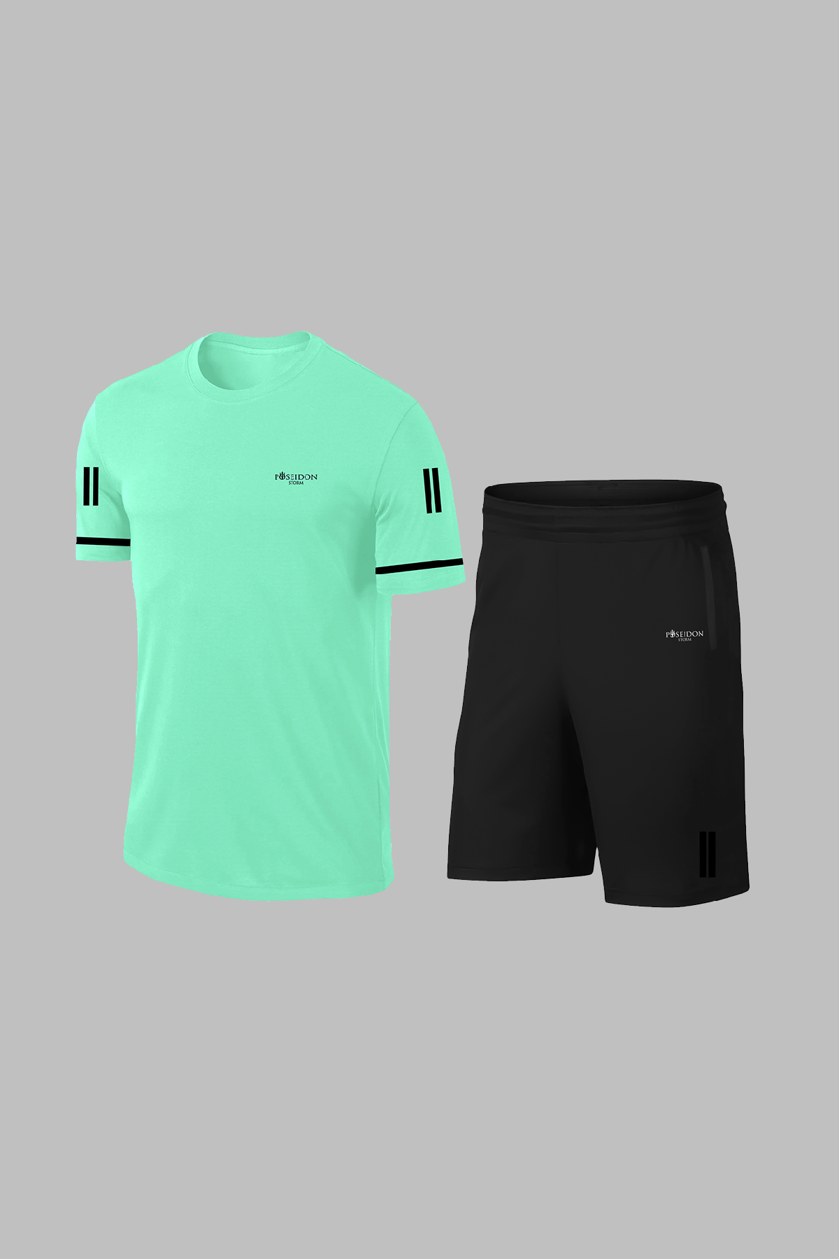 Erkek Su Yeşili Dri-Fit Kumaş Spor için Konforlu Cepli Kısa Kol Tişört Şort İkili Takım (S-3XL)