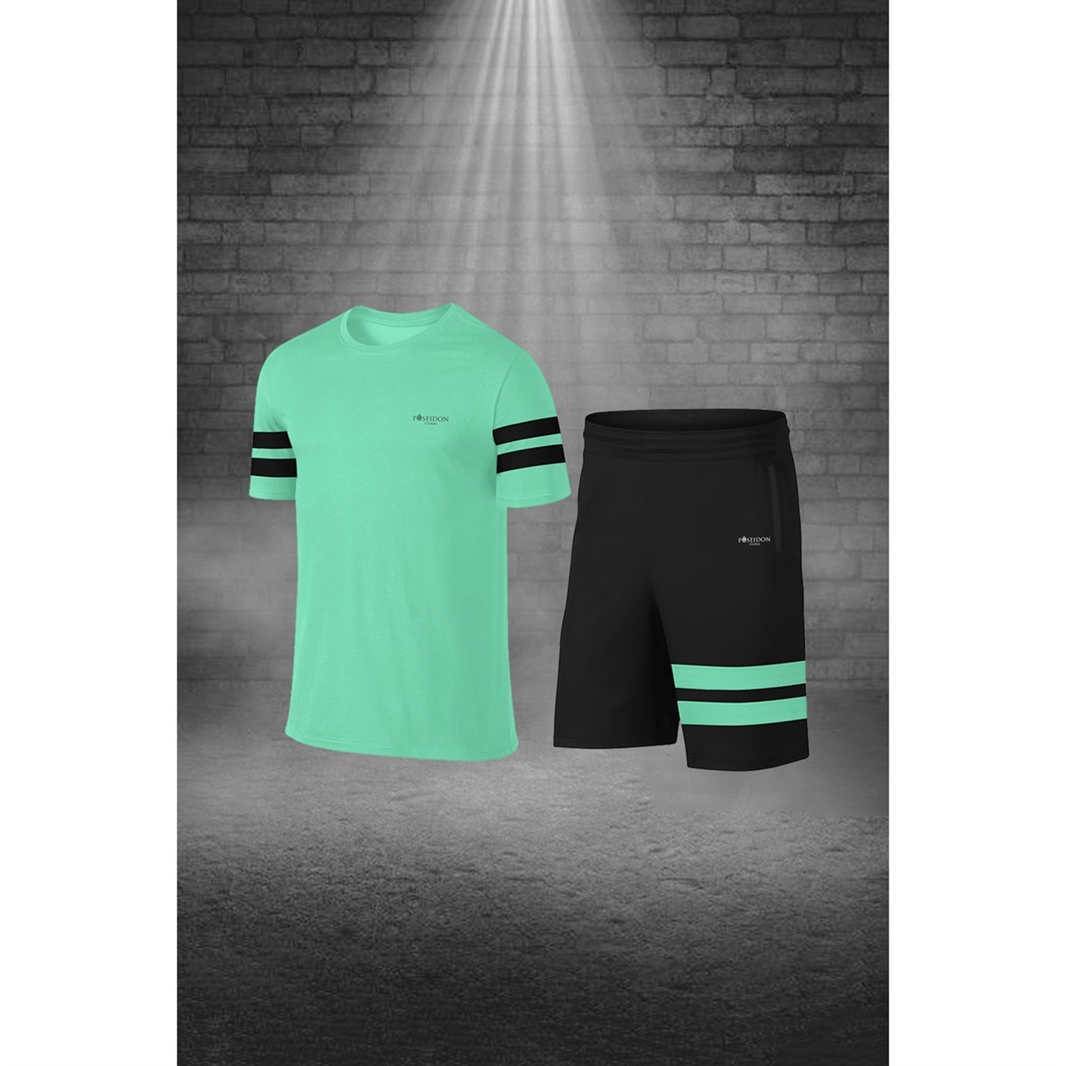 Erkek Su Yeşili Dri-Fit Kumaş Yürüyüş ve Koşu için Konforlu Cepli Sıfır Yaka Tişört Şort İkili Alt Üst Seti S-3XL