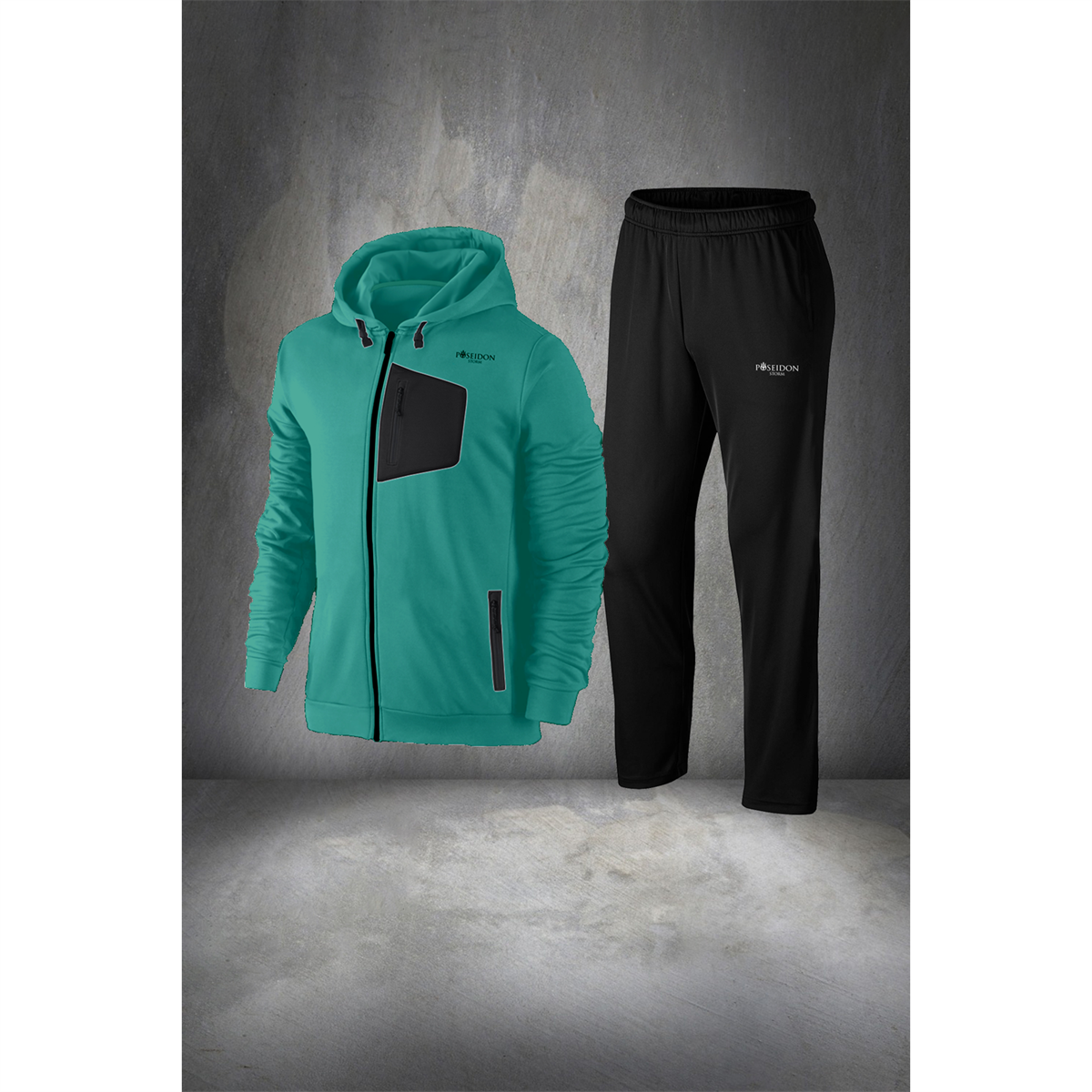 Erkek Su Yeşili Supra Penye Kumaş Rahat Regular Fit Kapüşonlu Yürüyüş Takımı S-3XL