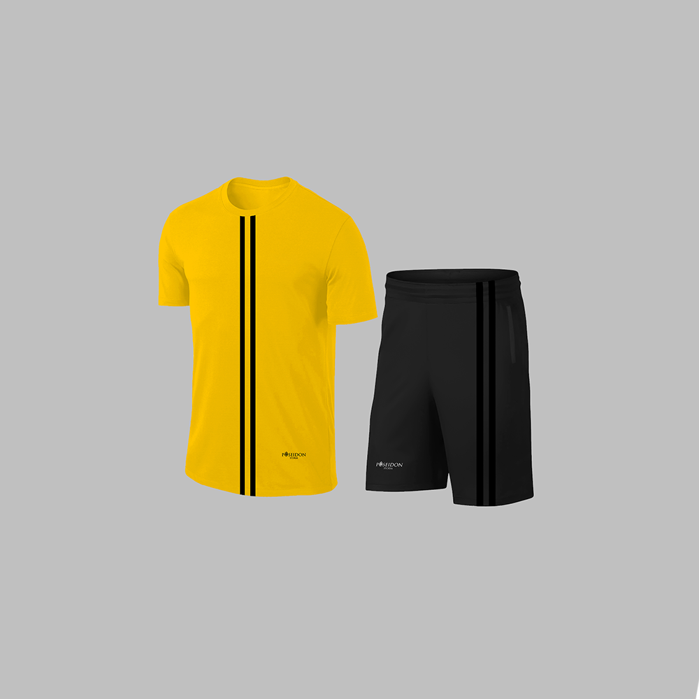 Oversize Erkek Sarı Dri-Fit Kumaş Düz Kısa Kol Konforlu Tişört Şort Alt Üst İkili Takım Seti 4XL-10XL