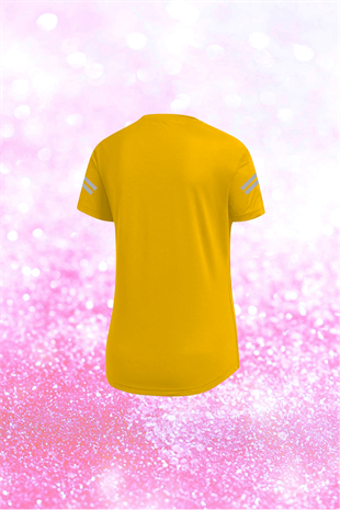 Büyük Beden Kadın Sarı Günlük Sporcu Tişörtü 4XL-8XL - Koldan iki flexo baskı - M1
