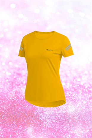Büyük Beden Kadın Sarı Günlük Sporcu Tişörtü 4XL-8XL - Koldan iki flexo baskı - M1