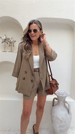 Nişantaşı Butik 4 DÜĞME BLAZER KEMERLİ ŞORT KETEN TAKIM HAKİ