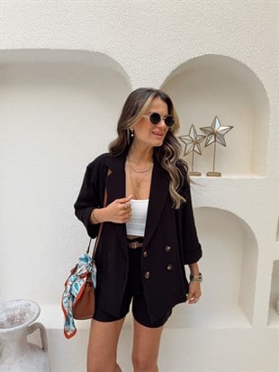 Nişantaşı Butik 4 DÜĞME BLAZER KEMERLİ ŞORT KETEN TAKIM SİYAH