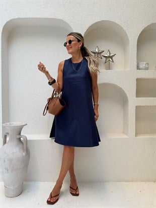 Nişantaşı Butik A MODEL KETEN ELBİSE LACİVERT