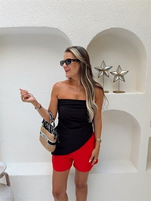 Nişantaşı Butik ASİMETRİK KESİM STRAPLEZ BLUZ SİYAH