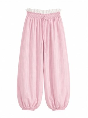 BEL DETAY ÇİZGİLİ PEMBE ŞALVAR PANTOLON