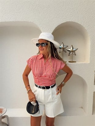 Nişantaşı Butik BEL DETAY KIRMIZI PÖTİKARE BLUZ