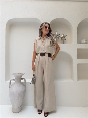 Nişantaşı Butik BEL KEMERLİ BRİT DETAY NATURAL KETEN PANTOLON