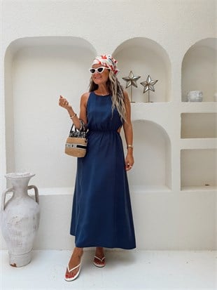 Nişantaşı Butik BEL VE SIRT DETAY TENSEL ELBİSE İNDİGO