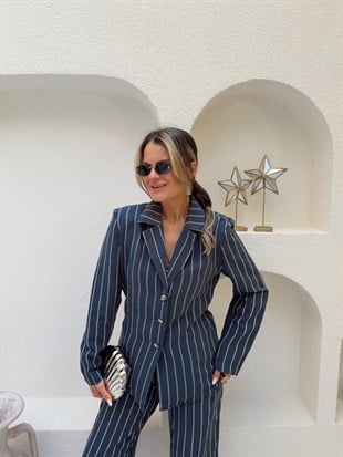Nişantaşı Butik BLAZER PANTOLON ÇİZGİLİ TENSEL TAKIM LACİVERT
