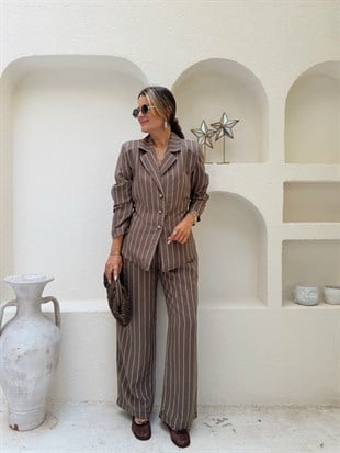 Nişantaşı Butik BLAZER PANTOLON ÇİZGİLİ TENSEL TAKIM TATLI KAHVE
