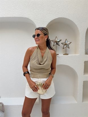 Nişantaşı Butik DEGAJE YAKA GOLD SİMLİ BLUZ