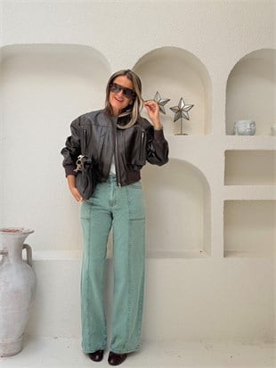 Nişantaşı Butik DİKİŞ DETAY YIKAMALI KÜF YEŞİL JEAN